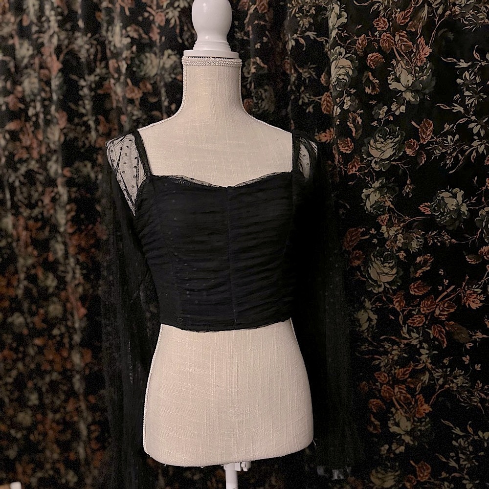 Cropped Gothic Style Top Long Sheer Polka Dot Sleeves